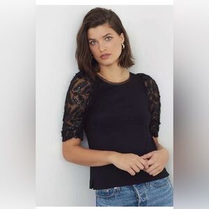 Anthropologie black sequins puff sleeve blouse size small NWT